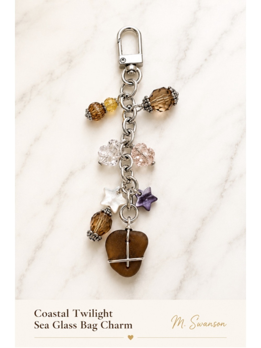 NEW One of a Kind Coastal Twilight Sea Glass Bag Charm Keychain Handmade (#21)